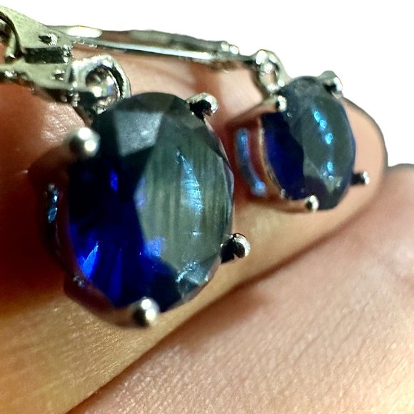 Sapphire Earrings Sterling Silver 925 Leverback Earrings Dangle lab-created - Picture 6 of 10